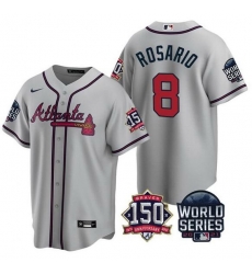 Men Atlanta Braves 8 Eddie Rosario 2021 Gray World Series With 150th Anniversary Patch Cool Base Stitched Jersey