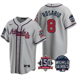 Men Atlanta Braves 8 Eddie Rosario 2021 Gray World Series With 150th Anniversary Patch Cool Base Stitched Jersey