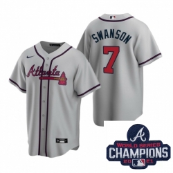 Men Nike Atlanta Braves 7 Dansby Swanson Gray Road Stitched Baseball Stitched MLB 2021 Champions Patch Jersey