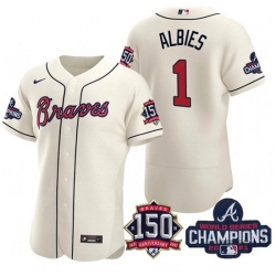 Men's Cream Atlanta Braves #1 Ozzie Albies 2021 World Series Champions With 150th Anniversary Flex Base Stitched Jersey