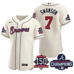 Men's Cream Atlanta Braves #7 Dansby Swanson 2021 World Series Champions With 150th Anniversary Flex Base Stitched Jersey