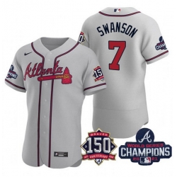 Men's Grey Atlanta Braves #7 Dansby Swanson 2021 World Series Champions With 150th Anniversary Flex Base Stitched Jersey