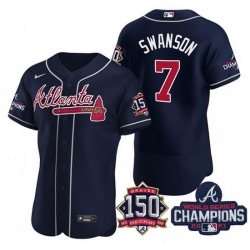 Men's Navy Atlanta Braves #7 Dansby Swanson 2021 World Series Champions With 150th Anniversary Flex Base Stitched Jersey