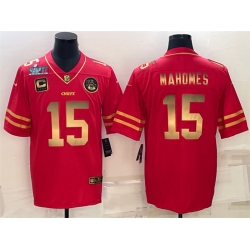 Men Kansas City Chiefs 15 Patrick Mahomes Red Gold Super Bowl LVII Patch And 4 Star C Patch Vapor Untouchable Limited Stitched Jersey