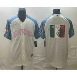 Men's Mexico Baseball 2023 White Blue World Big Logo Classic Stitched Jersey