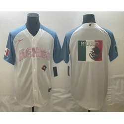 Men's Mexico Baseball 2023 White Blue World Big Logo Classic Stitched Jerseys