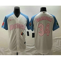 Mens Mexico Baseball #34 Fernando Valenzuela 2023 White Blue World Classic Stitched Jersey