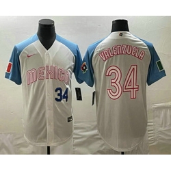 Men's Mexico Baseball #34 Fernando Valenzuela Number 2023 White Blue World Classic Stitched Jerseys