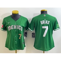 Women's Mexico Baseball #7 Julio Urias Number 2023 Green World Classic Stitched Jersey