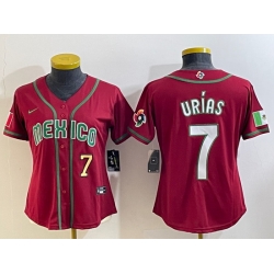 Women's Mexico Baseball #7 Julio Urias Number 2023 Red World Baseball Classic Stitched Jersey1