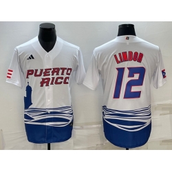 Men Puerto Rico Baseball 12 Francisco Lindor 2023 White World Baseball Classic Stitched Jersey