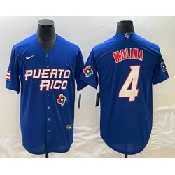 Men's Puerto Rico Baseball #4 Yadier Molina 2023 Blue World Baseball Classic Stitched Jersey