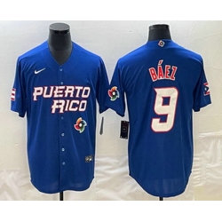 Men's Puerto Rico Baseball #9 Javier Baez 2023 Blue World Baseball Classic Stitched Jersey