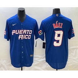 Men's Puerto Rico Baseball #9 Javier Baez 2023 Blue World Baseball Classic Stitched Jerseys