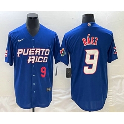 Mens Puerto Rico Baseball #9 Javier Baez Number 2023 Blue World Baseball Classic Stitched Jersey