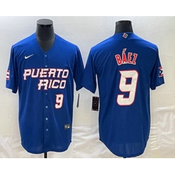 Men's Puerto Rico Baseball #9 Javier Baez Number 2023 Blue World Baseball Classic Stitched Jerseys