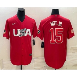 Men USA Baseball #15 Bobby Witt Jr 2023 Red World Baseball Classic Stitched Jersey