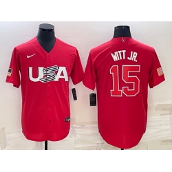 Men USA Baseball 15 Bobby Witt Jr  2023 Red World Baseball Classic Stitched Jersey