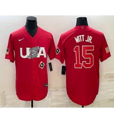 Men USA Baseball #15 Bobby Witt Jr 2023 Red World Baseball Classic Stitched Jerseys