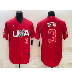 Men USA Baseball #3 Mookie Betts Number 2023 Red World Classic Stitched Jersey 2