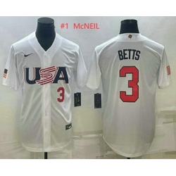 Mens USA Baseball #1 Jeff McNeil Number 2023 White World Baseball Classic Replica Stitched Jersey