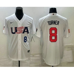 Men's USA Baseball #8 Trea Turner Number 2023 White World Baseball Classic Stitched Jersey