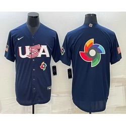 Men's USA Baseball Blank 2023 Navy World Baseball Big Logo Classic Stitched Jersey