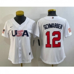 Womens USA Baseball 12 Kyle Schwarber 2023 White World Classic Stitched Jersey