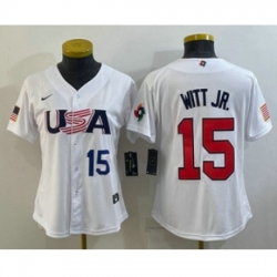 Womens USA Baseball 15 Bobby Witt Jr Number 2023 White World Classic Replica Stitched Jersey