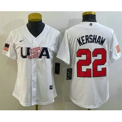 Women's USA Baseball #22 Clayton Kershaw 2023 White World Classic Stitched Jersey I
