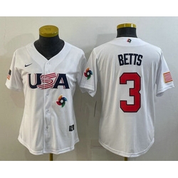 Women's USA Baseball #3 Mookie Betts 2023 White World Classic Replica Stitched Jerseys