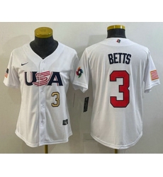 Women's USA Baseball #3 Mookie Betts Number 2023 White World Classic Replica Stitched Jersey