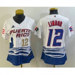 Womens Puerto Rico Baseball 12 Francisco Lindor Number 2023 White World Classic Stitched Jersey